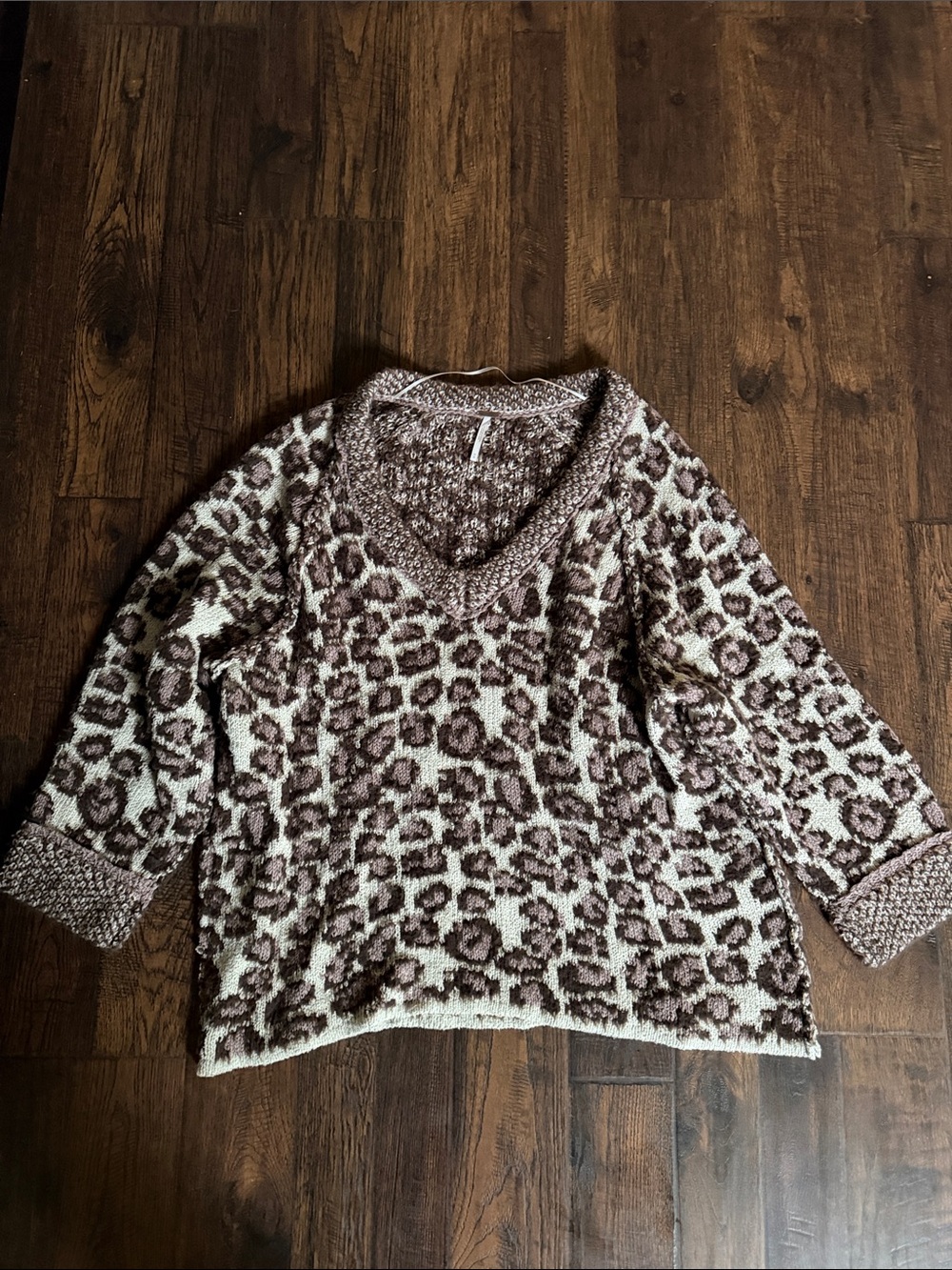 Free People Leopard Print V-Neck Sweater in Brown and Cream